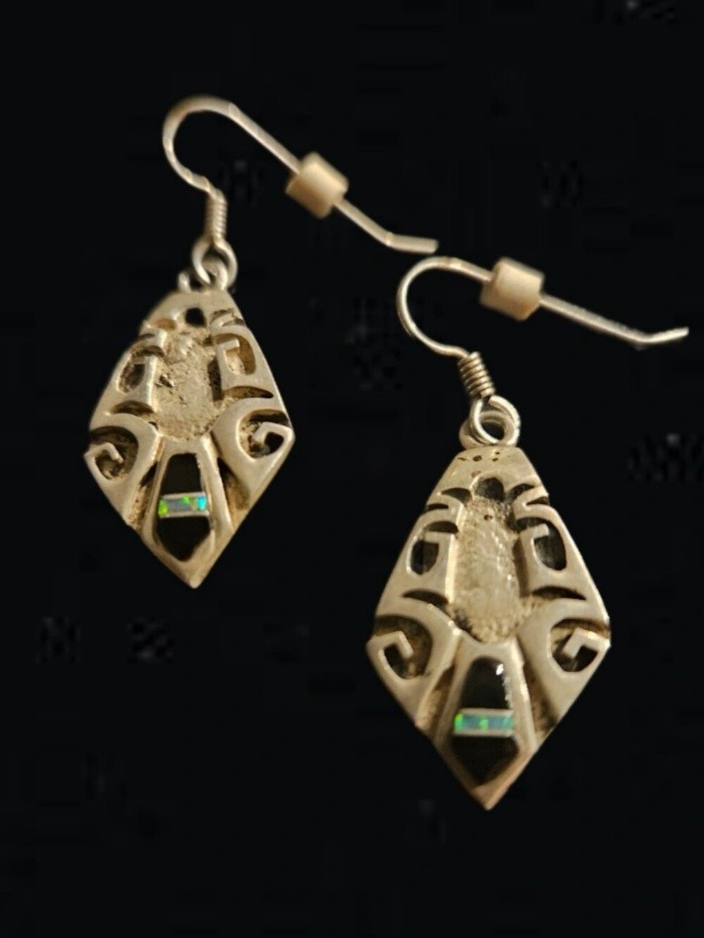 Vintage Navajo Sterling Silver Diamond Dangle Earrings Green Opal Inlay Signed